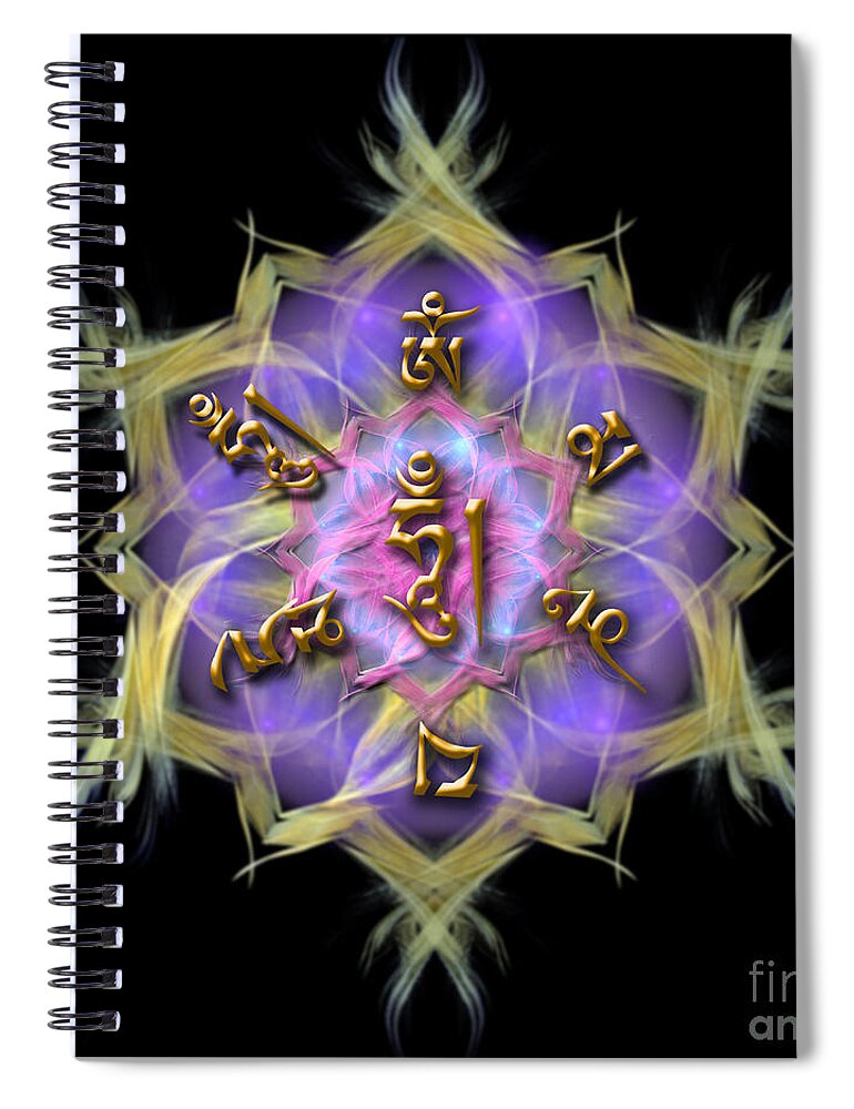 Om Mani Padme Hum With Symbols Spiral Notebook featuring the digital art OM MANI PADME HUM with symbols by Alexa Szlavics