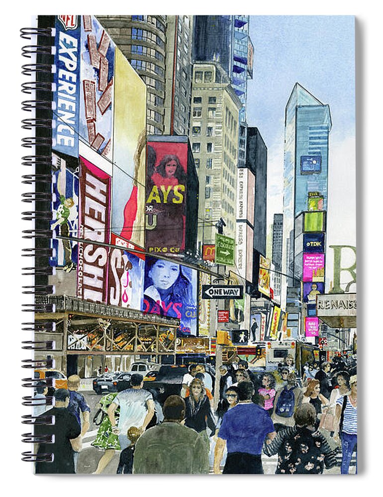 Evening Rush Hour In Times Square With People Spiral Notebook featuring the painting Oneway by Monte Toon