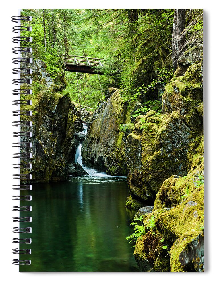 Scenics Spiral Notebook featuring the photograph Opal Creek Falls And Footbridge by Bob Pool