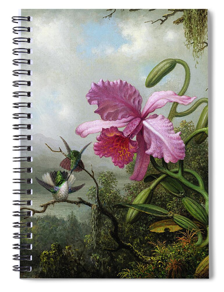 Martin Johnson Heade Spiral Notebook featuring the painting Orchid and Hummingbirds near a Mountain Lake, 1890 by Martin Johnson Heade