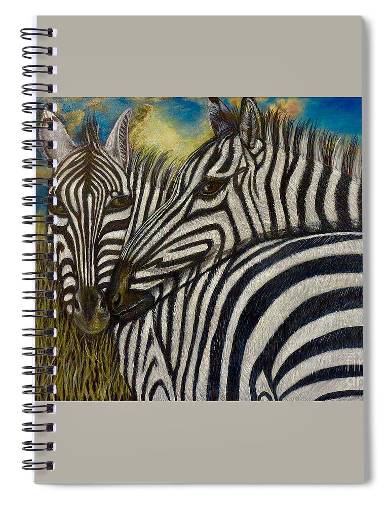 Nature Scene Zebra Paintings Two Zebras With Broad Black And White Stripes Nuzzling Each Other Around The Neck Side And Backside Views With Sunrise In Background And Grassy Savanna Animal Paintings Acrylic Paintings Spiral Notebook featuring the painting Our Stripes May Be Different But Our Hearts Beat As One by Kimberlee Baxter