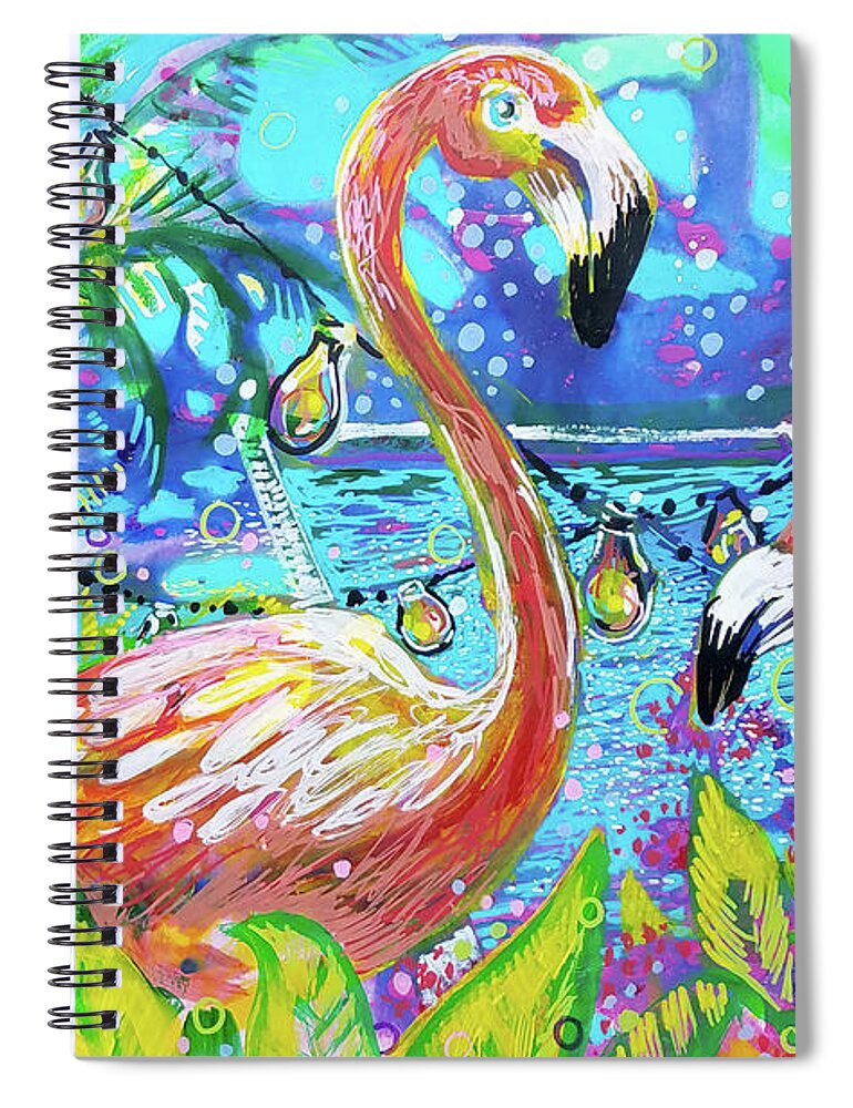 Flamingo Spiral Notebook featuring the painting Outdoor flamingo party by Tilly Strauss