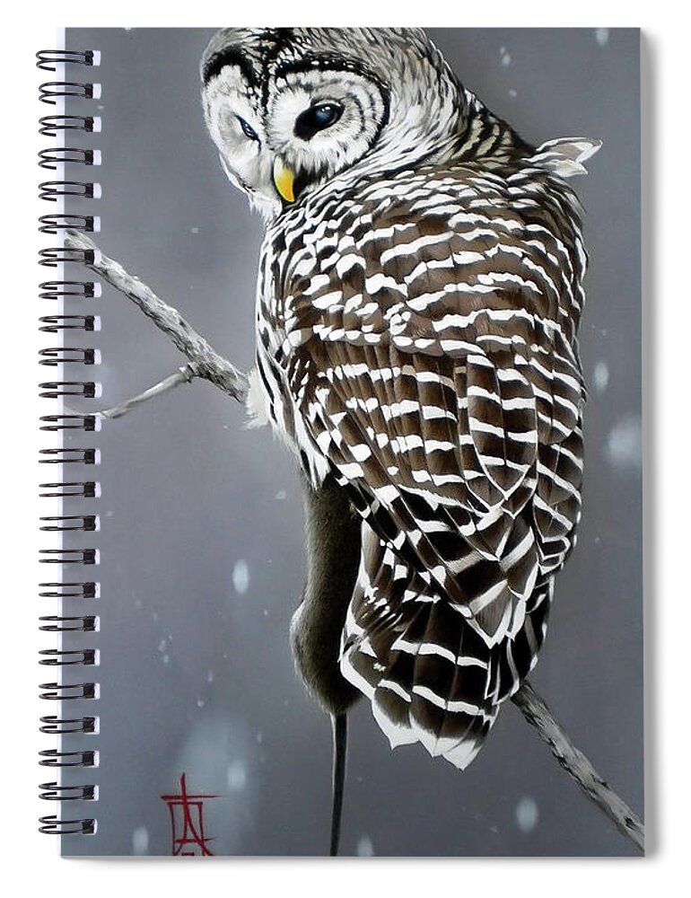 Russian Artists New Wave Spiral Notebook featuring the painting Owl with Her Catch by Alina Oseeva