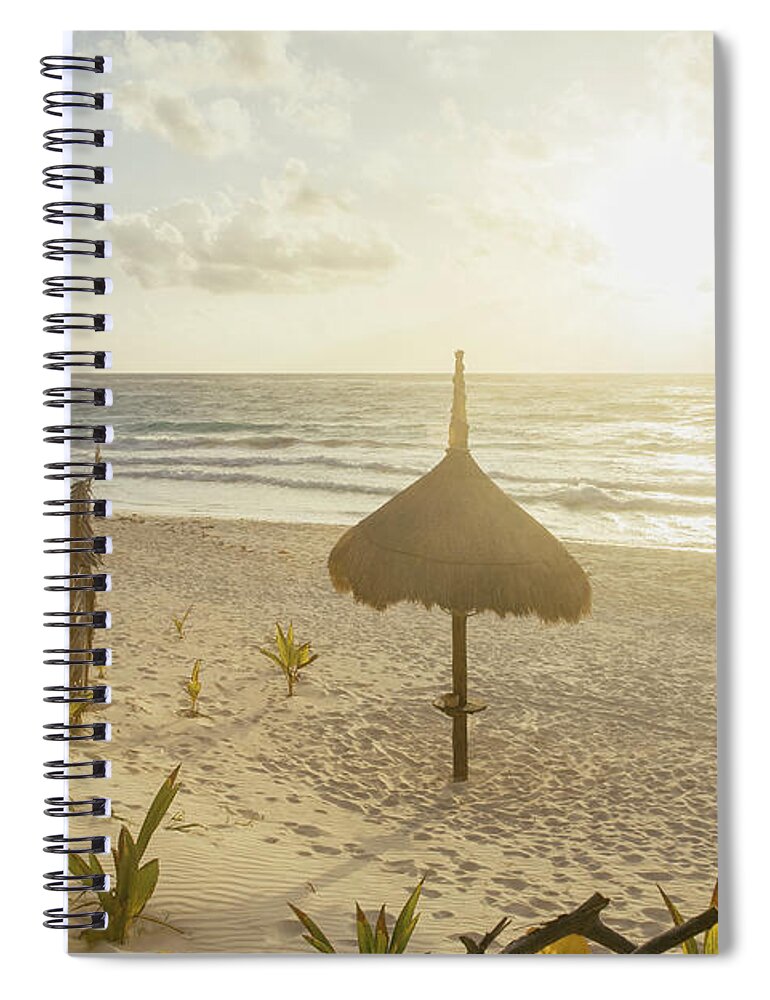 Palapas At Sunrise On Beach With Ocean Spiral Notebook