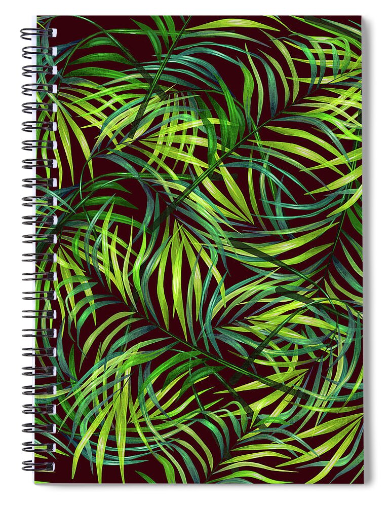 Palm Spiral Notebook featuring the mixed media Palm Leaf Pattern 2 - Tropical Leaf Pattern - Green, Black - Tropical, Botanical Pattern Design by Studio Grafiikka