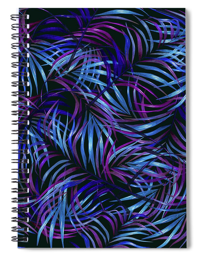 Palm Spiral Notebook featuring the mixed media Palm Leaf Pattern 4 - Tropical Leaf Pattern - Blue, Purple, Violet - Tropical, Botanical Design by Studio Grafiikka