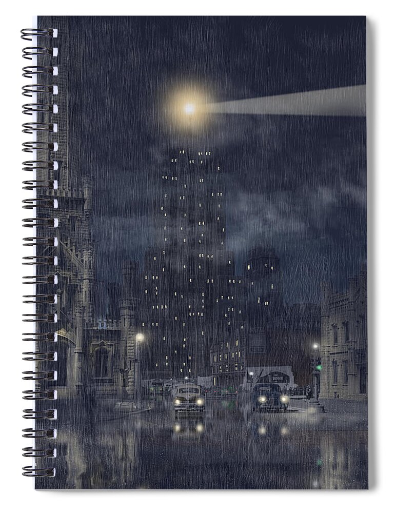 Palmolive Building Spiral Notebook featuring the mixed media Palmolive Building Beacon - 1949 by Glenn Galen
