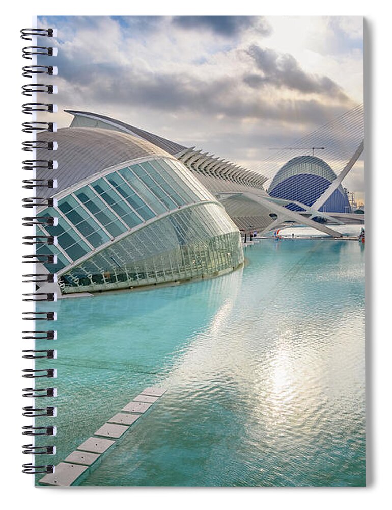 Agora Spiral Notebook featuring the photograph Panoramic cinema in the city of sciences of Valencia, Spain, vis by Joaquin Corbalan