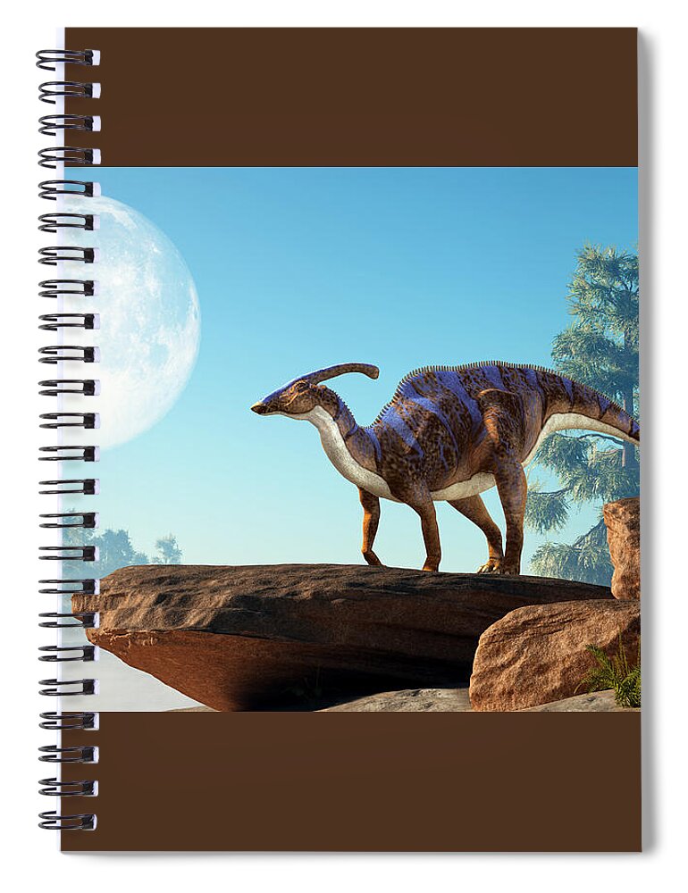 Parasaurolophus Spiral Notebook featuring the digital art Parasaurolophus on a Rock Under the Moon by Daniel Eskridge