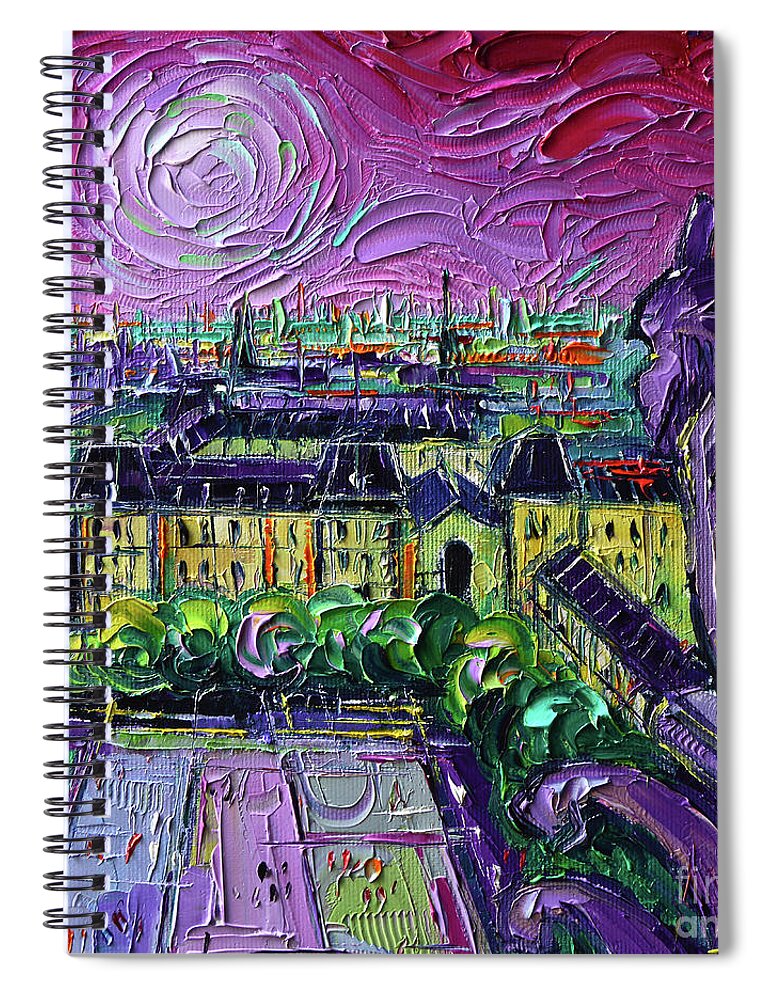Paris Gargoyle Spiral Notebook featuring the painting PARIS VIEW WITH GARGOYLES Diptych oil painting right panel by Mona Edulesco