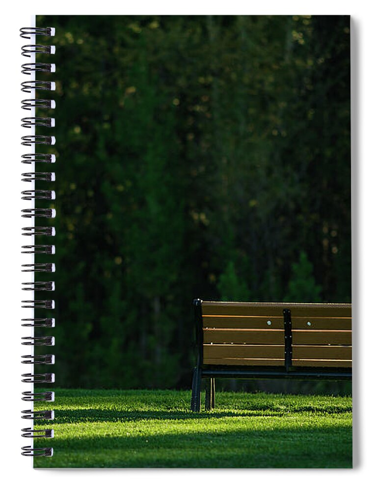 Bench Spiral Notebook featuring the photograph Park bench at sunrise by Julieta Belmont