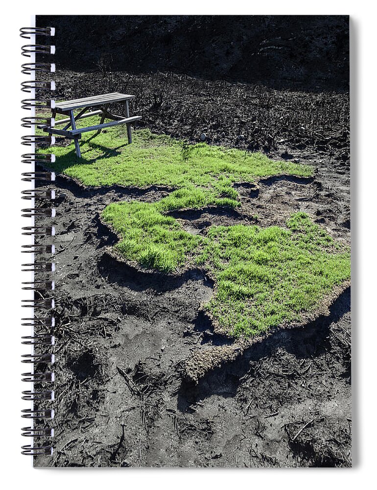 Damaged Spiral Notebook featuring the photograph Patch Of Grass And Picnic Table In Burn by David Madison