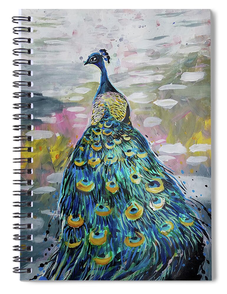 Bird Spiral Notebook featuring the painting Peacock in dappled light by Tilly Strauss