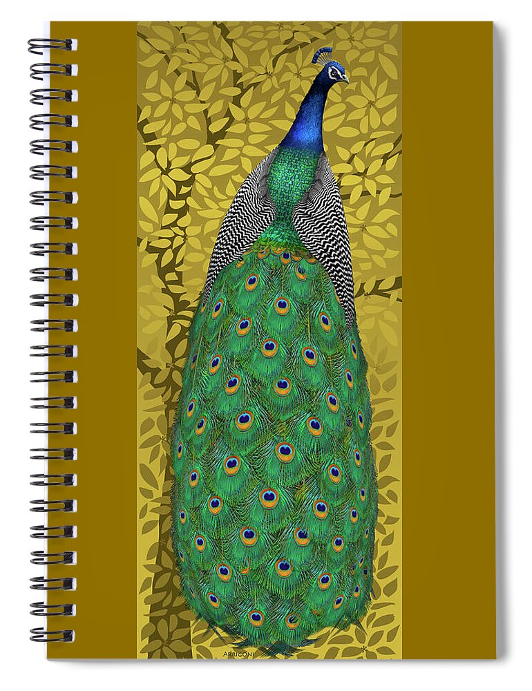 Peacock In Tree Spiral Notebook featuring the painting Peacock in Tree, Golden Ochre, Tall by David Arrigoni