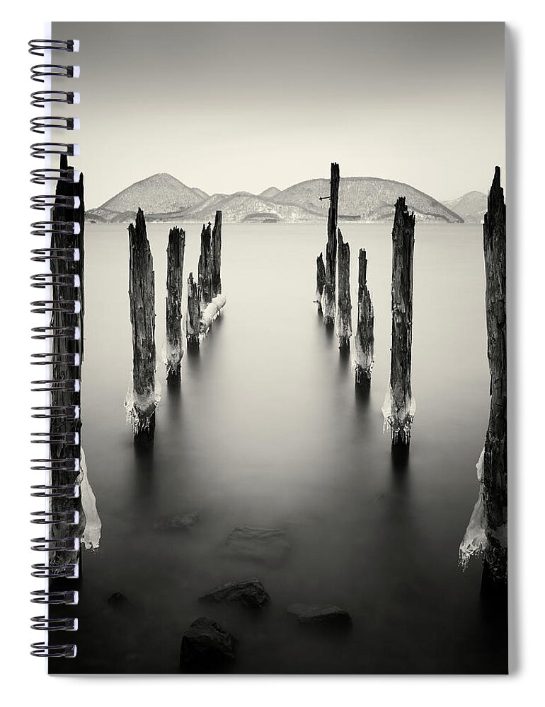 Hokkaido Spiral Notebook featuring the photograph Pier On Wintery Lake Leading Viewer by Mark Voce Photography