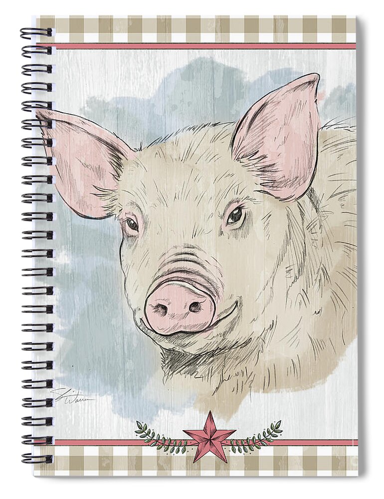 Pig Spiral Notebook featuring the mixed media Pig Portrait-Farm Animals by Shari Warren