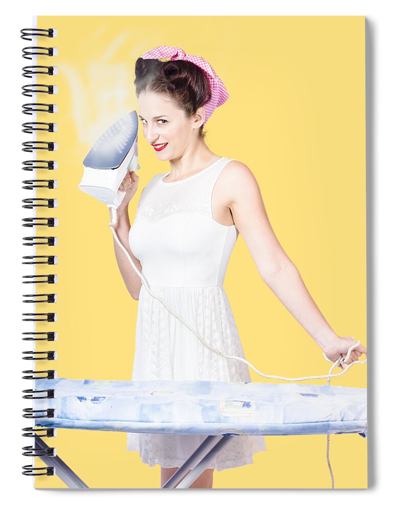 Cleaning Spiral Notebook featuring the photograph Pin up woman providing steam clean ironing service by Jorgo Photography