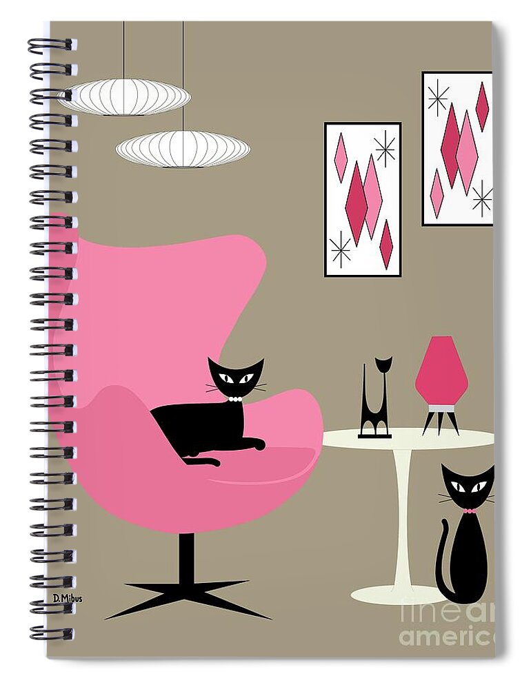 Mid Century Modern Spiral Notebook featuring the digital art Pink Egg Chair with Cats by Donna Mibus