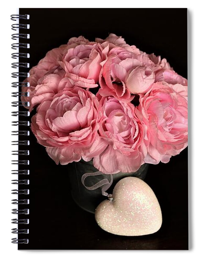Still Life Spiral Notebook featuring the photograph Pink Peonies and Heart on Black by Sheila Brown