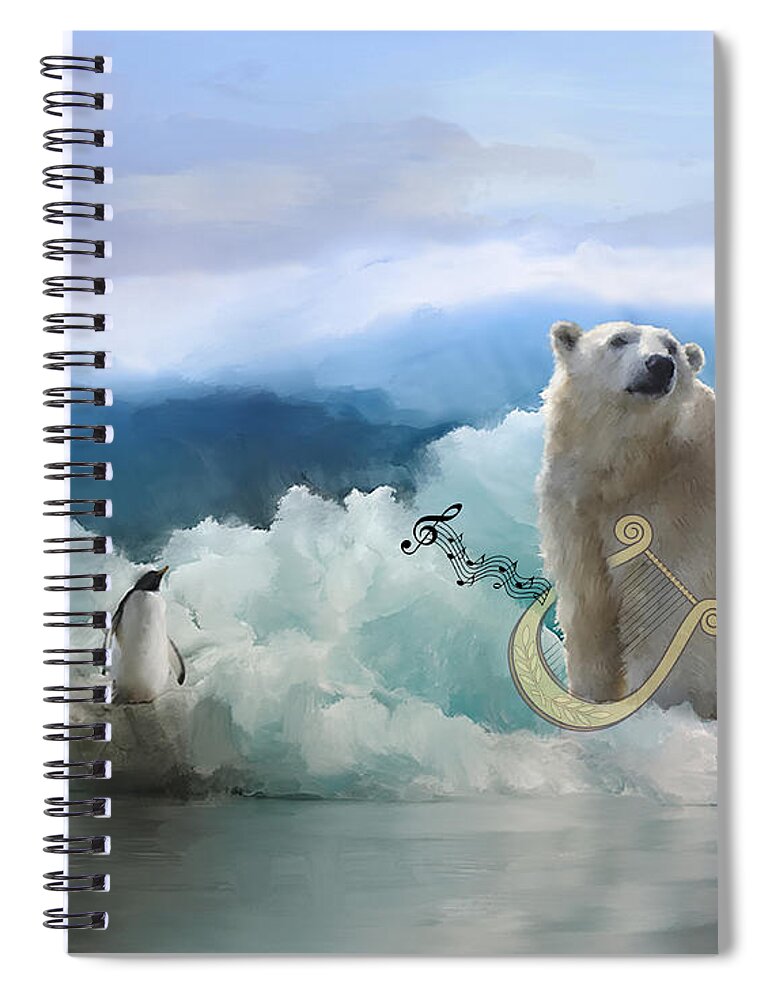 Polar Bears Spiral Notebook featuring the mixed media Polar Bears Play the Lyre by Colleen Taylor
