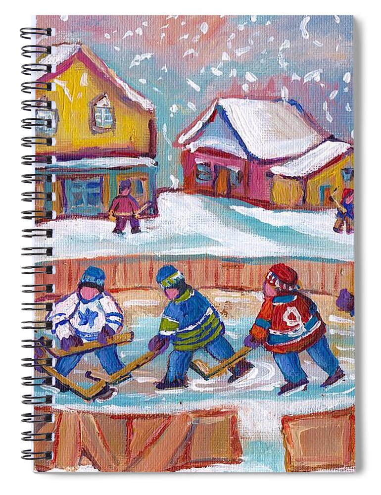 Rink Hockey Spiral Notebook featuring the painting Pond Hockey Canadian Small Town Rural Landscape Leafs Vs Habs Kids Snowy Laurentian Art C Spandau  by Carole Spandau