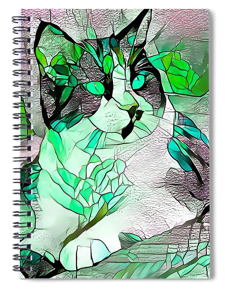 Stained Glass Spiral Notebook featuring the digital art Pondering Green Tuxedo Cat by Don Northup