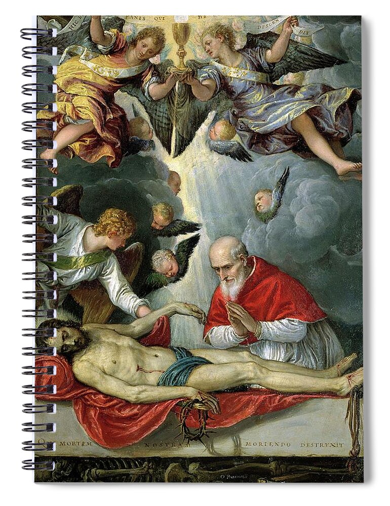 Parrasio Michele Spiral Notebook featuring the painting 'Pope Pius V worshipping the body of Christ', 1572-1575, Italian School, Oil o... by Parrasio Micheli -c 1515-1578-