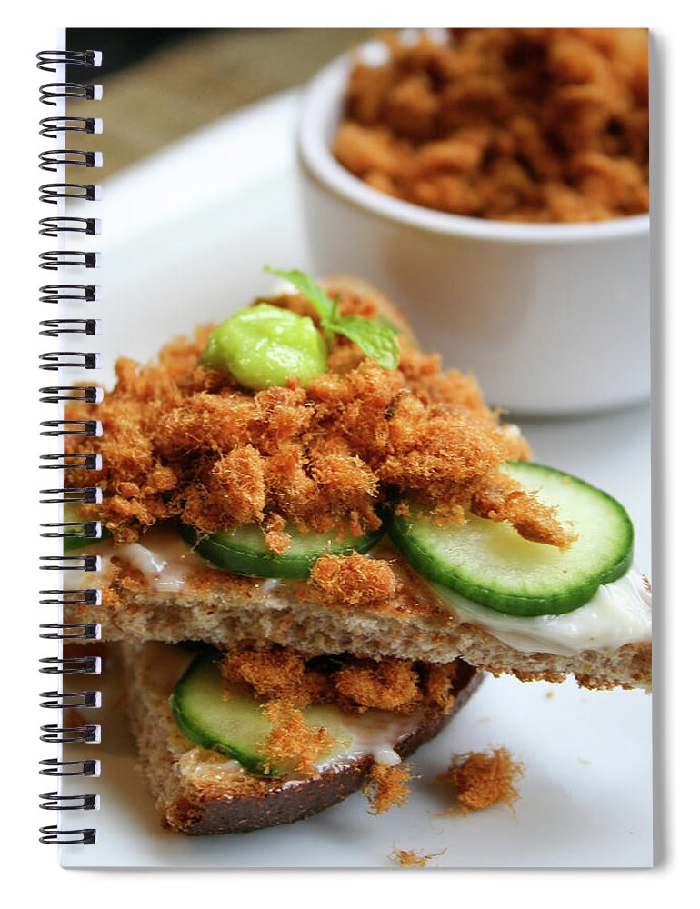 Color Image Spiral Notebook featuring the photograph Pork Floss And Sliced Cucumber On Toasts by Iris Filson