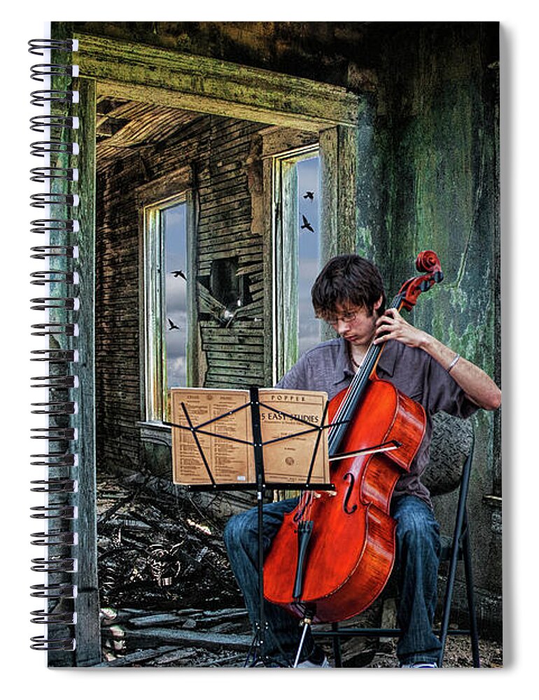 Cello Spiral Notebook featuring the photograph Practicing among the Ruins. A Cello Player playing Music by Randall Nyhof