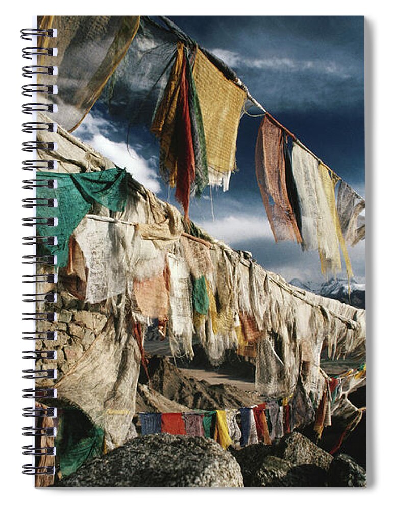 Himalayas Spiral Notebook featuring the photograph Prayer Flags Above Leh, Ladakh, Leh by Richard I'anson
