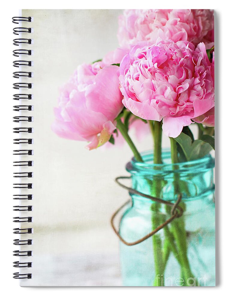 Flowers Spiral Notebook featuring the photograph Pretty Pink Peonies in a Blue Antique Mason Jar by Stephanie Frey