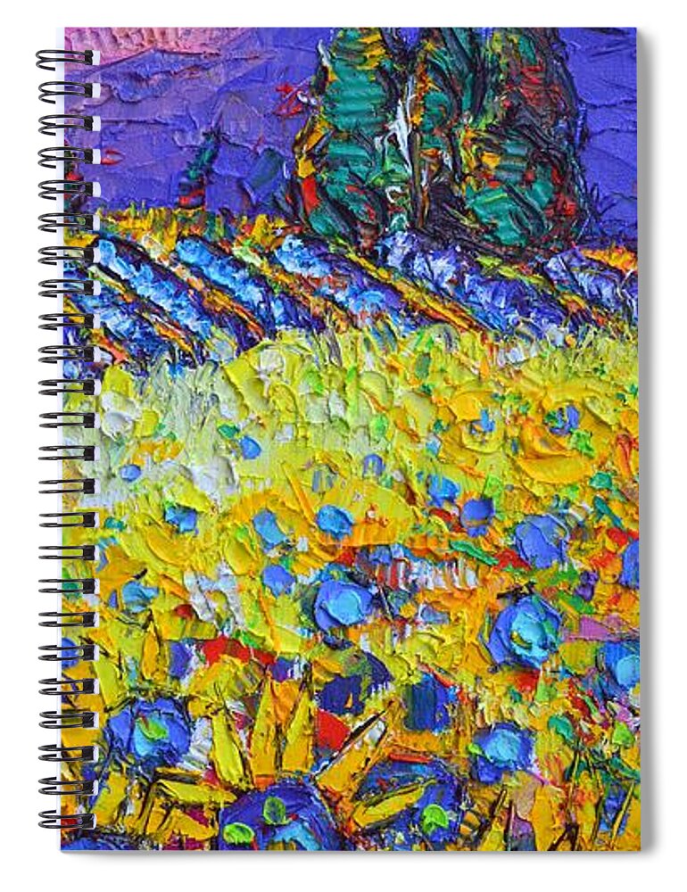 Provence Spiral Notebook featuring the painting PROVENCE SUNFLOWERS textural impasto palette knife painting abstract landscape by Ana Maria Edulescu by Ana Maria Edulescu