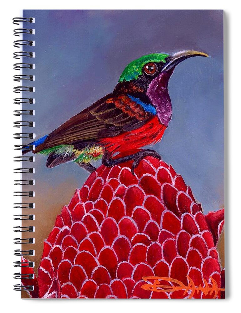 Birds Spiral Notebook featuring the painting Purple Throated Sunbird on Red Torch Ginger by Dana Newman