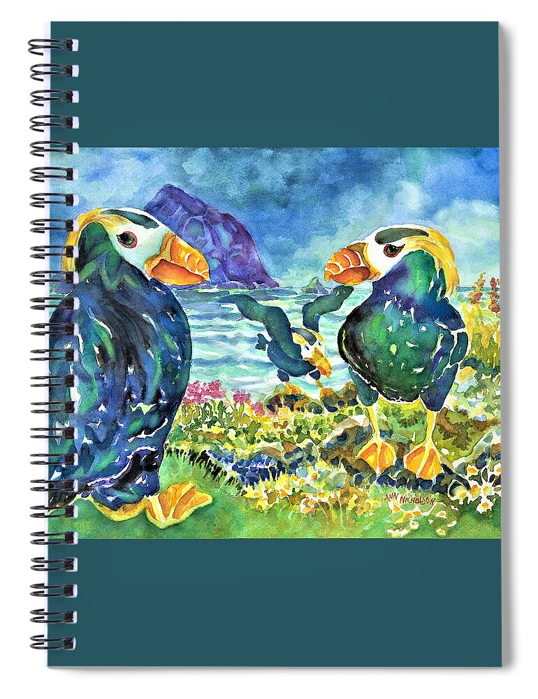 Puffins Spiral Notebook featuring the painting Puffins by Ann Nicholson