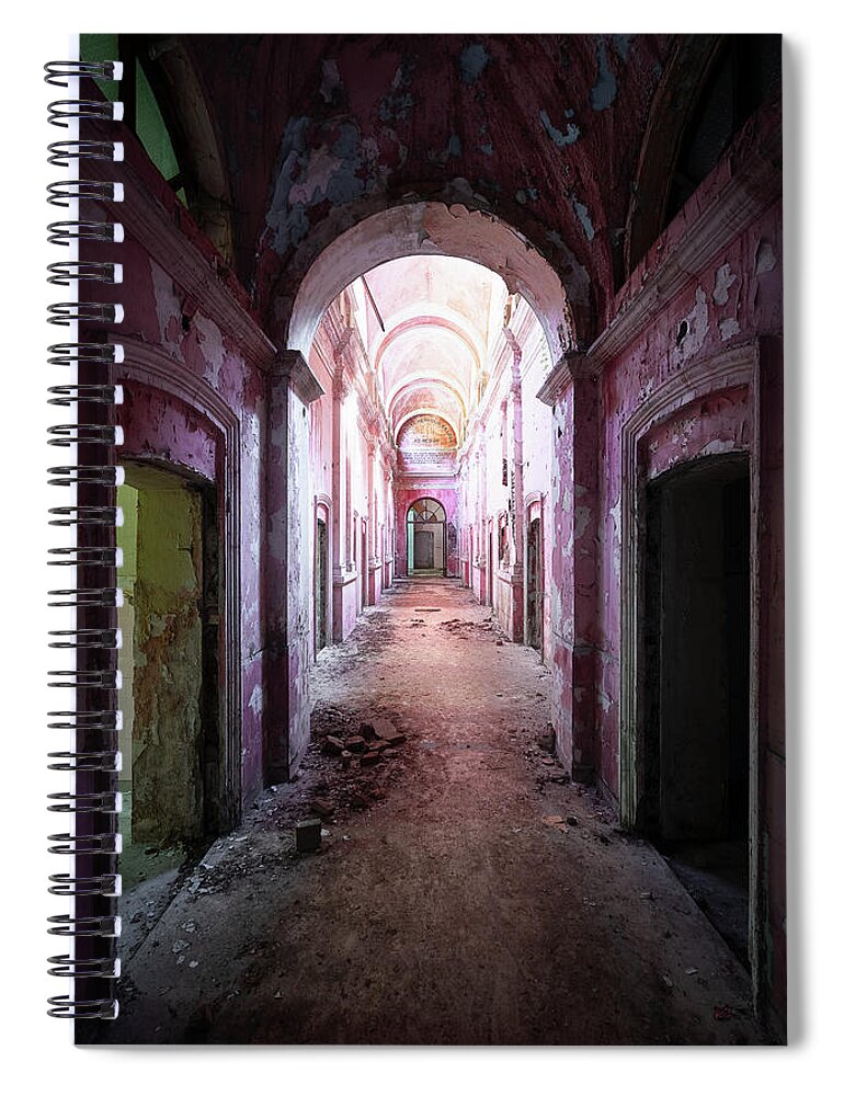 Urban Spiral Notebook featuring the photograph Purple and Dark Hallway in Decay by Roman Robroek