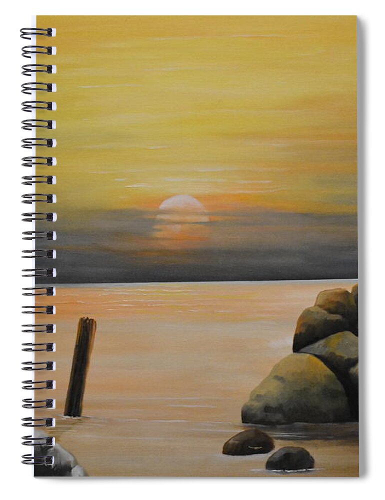 This Oil Painting Contains A Sea Spiral Notebook featuring the painting Quiet Sea by Martin Schmidt