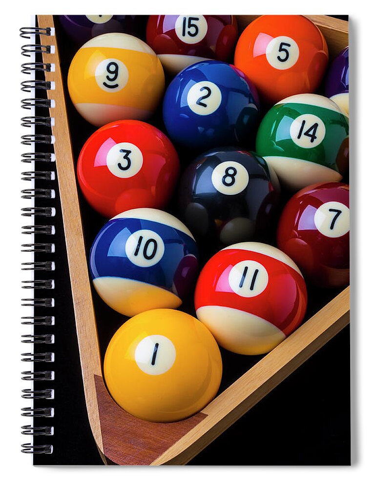 Pool Balls Spiral Notebook featuring the photograph Racked Billiard Balls by Garry Gay