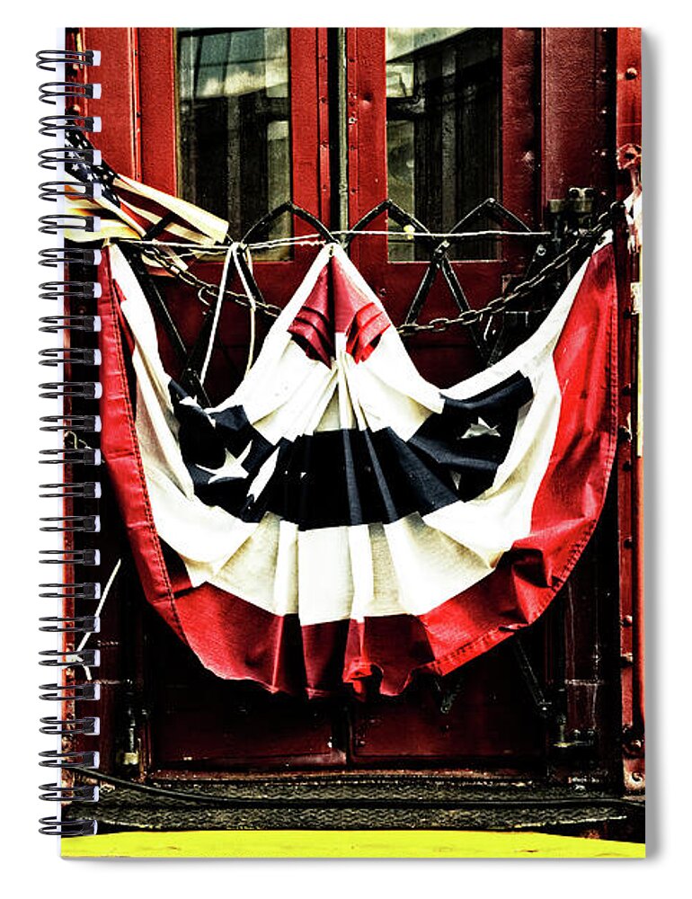 D2-rr-1327 Spiral Notebook featuring the photograph Railroad Passenger Car w/ Flag Banner by Paul W Faust - Impressions of Light