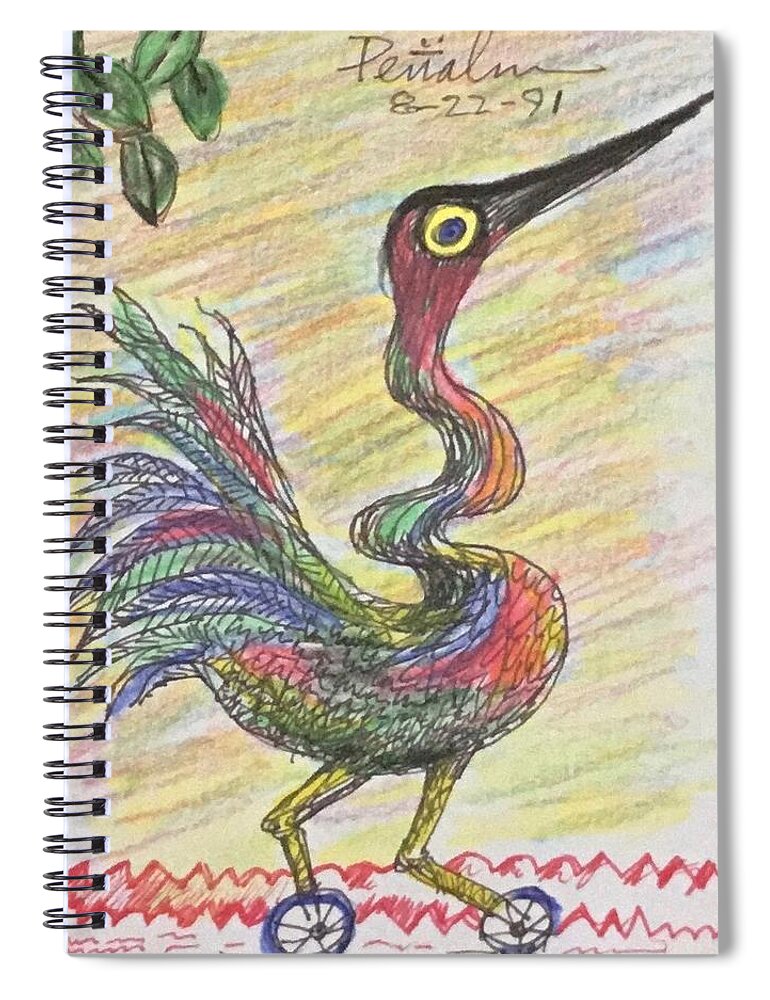 Ricardosart37 Spiral Notebook featuring the drawing Rainbow Crane on Wheels by Ricardo Penalver deceased