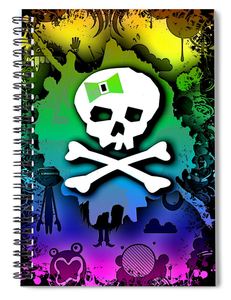 Kawaii Spiral Notebook featuring the digital art Rainbow Kawaii Skull by Roseanne Jones