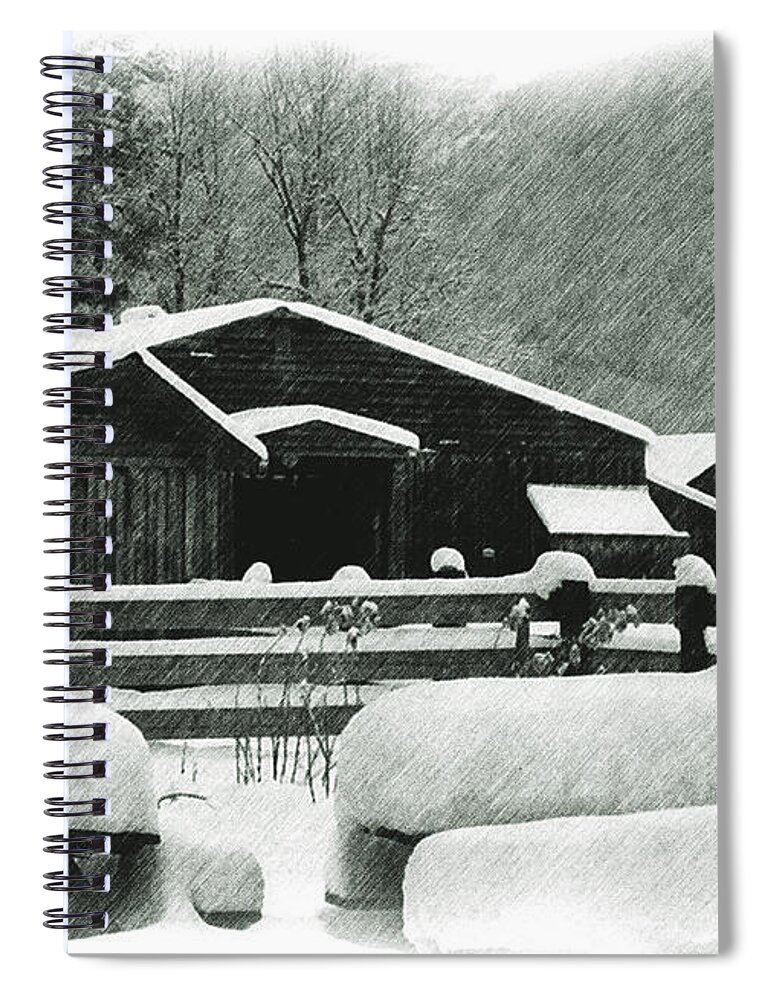Ranch Scene Spiral Notebook featuring the photograph Ranch Buildings and Benches in Snow by Kae Cheatham