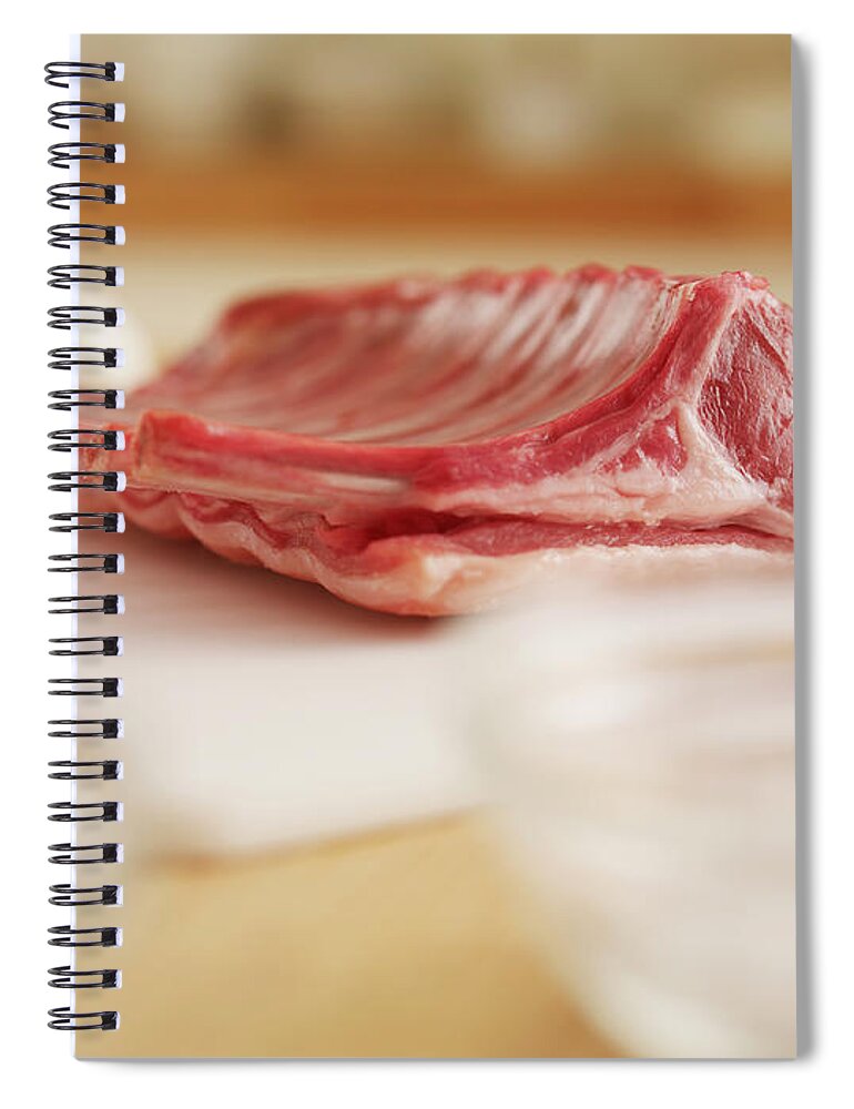 Cutting Board Spiral Notebook featuring the photograph Raw Rack Of Lamb On Cutting Board by Adam Gault