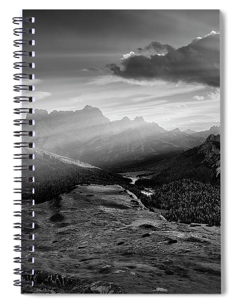 Black And White Spiral Notebook featuring the photograph Rays over the Dolomites II by Jon Glaser