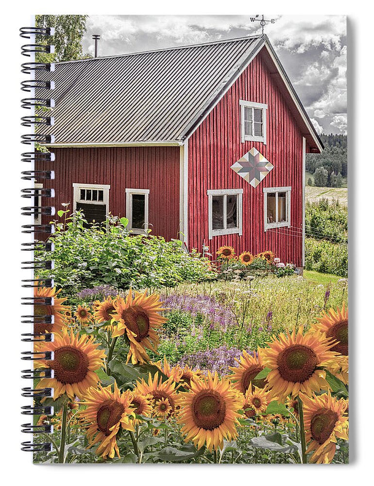 Barn Spiral Notebook featuring the photograph Red Barn in Summer Country Sunflowers by Debra and Dave Vanderlaan