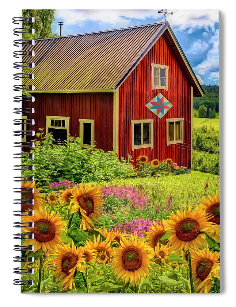 Barns Spiral Notebook featuring the photograph Red Barn in Summer Sunflowers Painting by Debra and Dave Vanderlaan