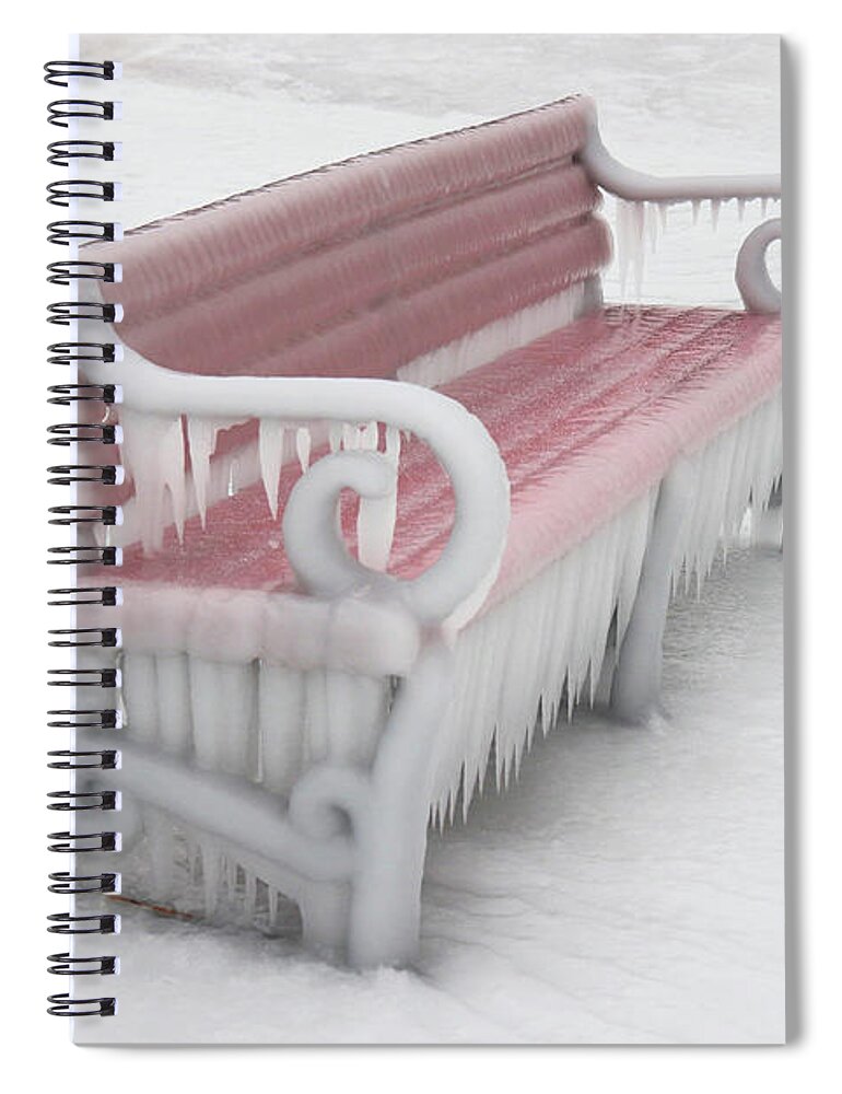 Red Bench Spiral Notebook featuring the photograph Red Bench Encased in Ice by David T Wilkinson