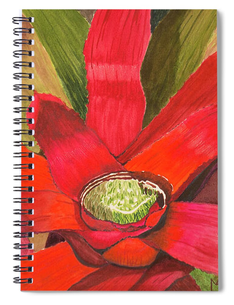 Bromeliad Spiral Notebook featuring the painting Red Bromeliad after Rain by Margaret Zabor