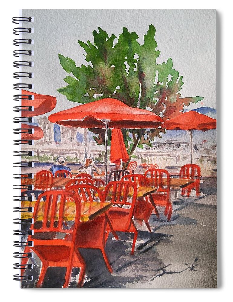 Red Spiral Notebook featuring the painting Red Chairs, Red Umbrellas by Sonia Mocnik