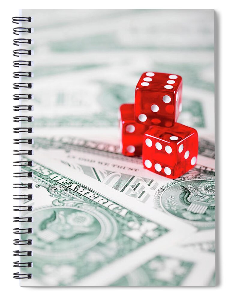 Risk Spiral Notebook featuring the photograph Red Dice On Us Dollar Bills by Neil Overy