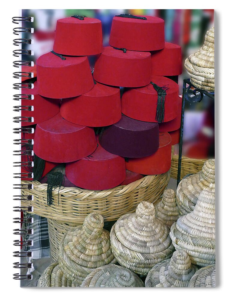 Marrakech Spiral Notebook featuring the photograph Red Fez tarbouche and white wicker tagine cookers by Steve Estvanik
